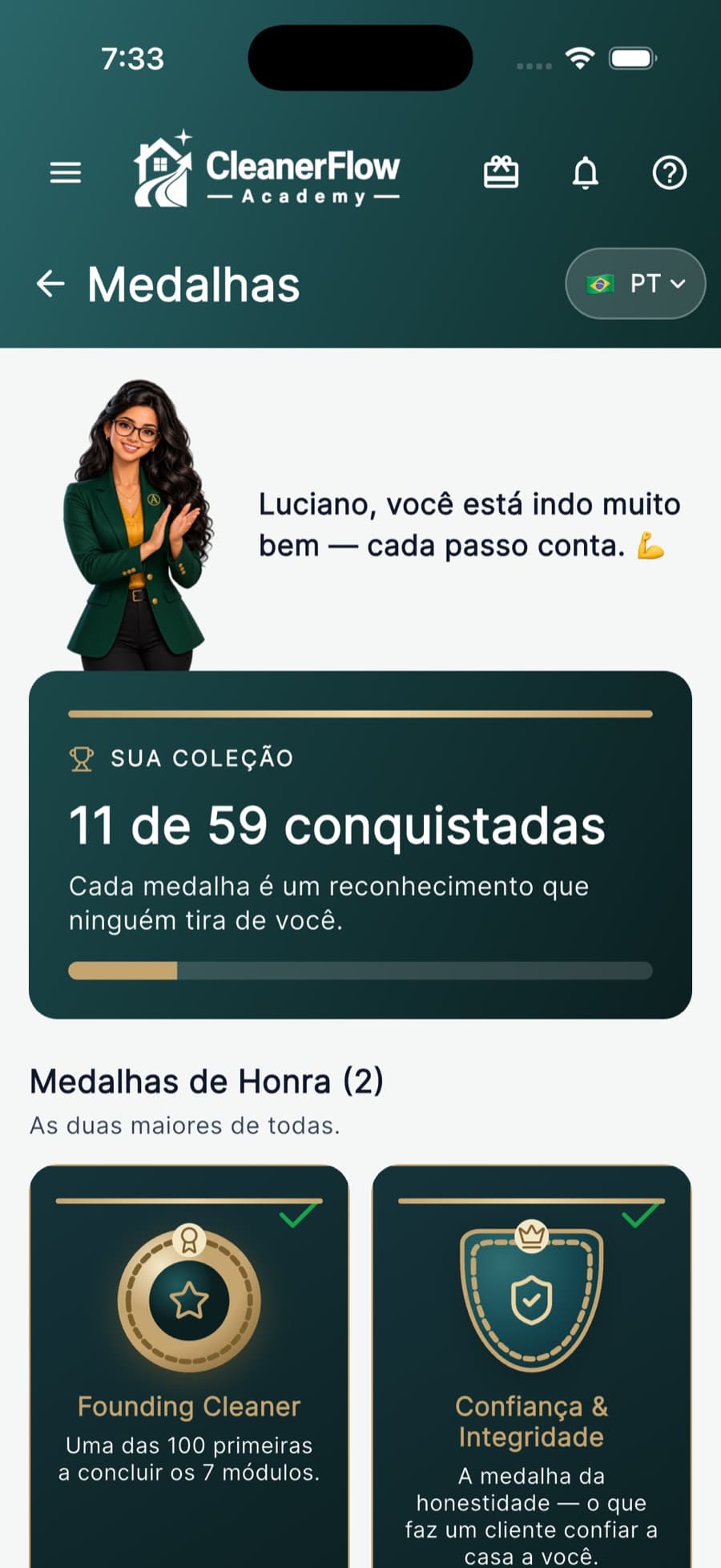Cada especialidade que você domina vira uma medalha.