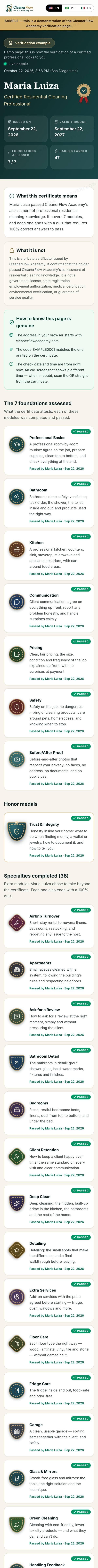 CleanerFlow Academy's sample verification page
