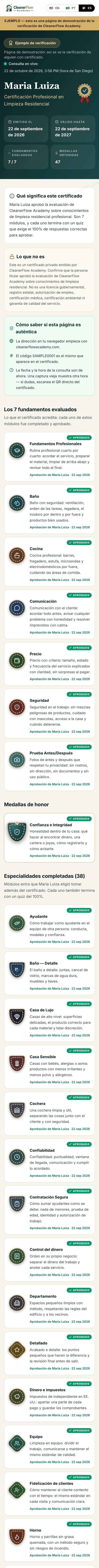 La página de verificación de ejemplo de CleanerFlow Academy
