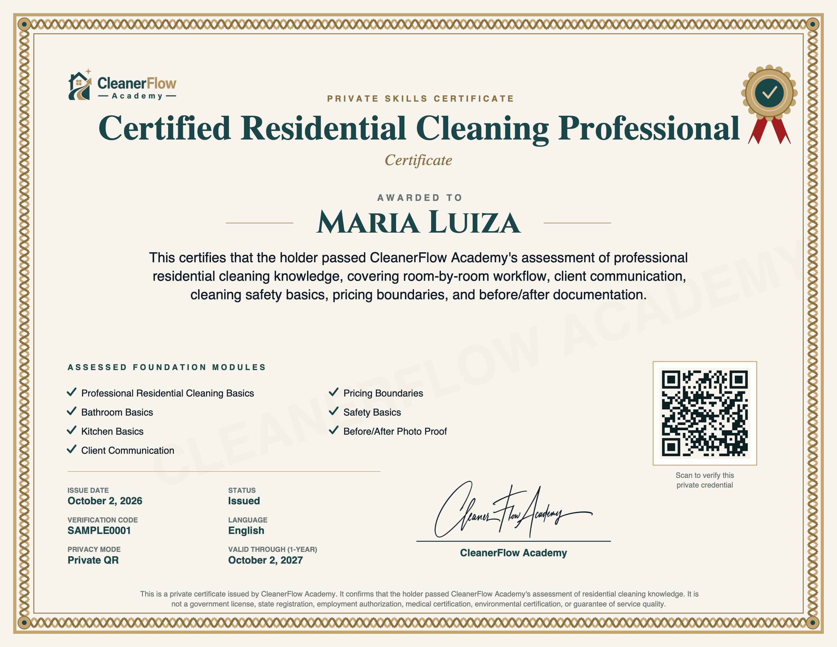 Example of the CleanerFlow Academy certificate