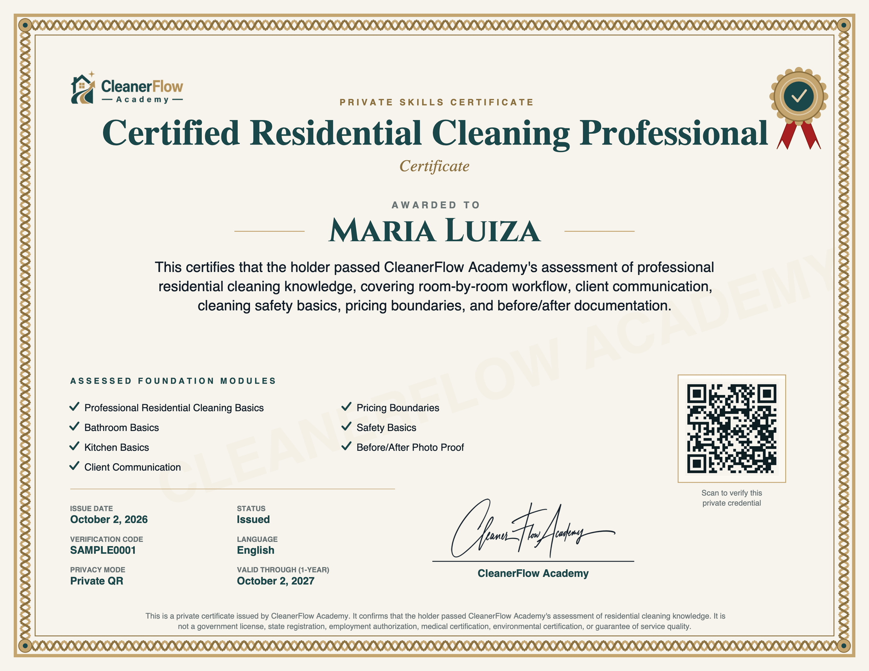 Ejemplo del certificado de CleanerFlow Academy
