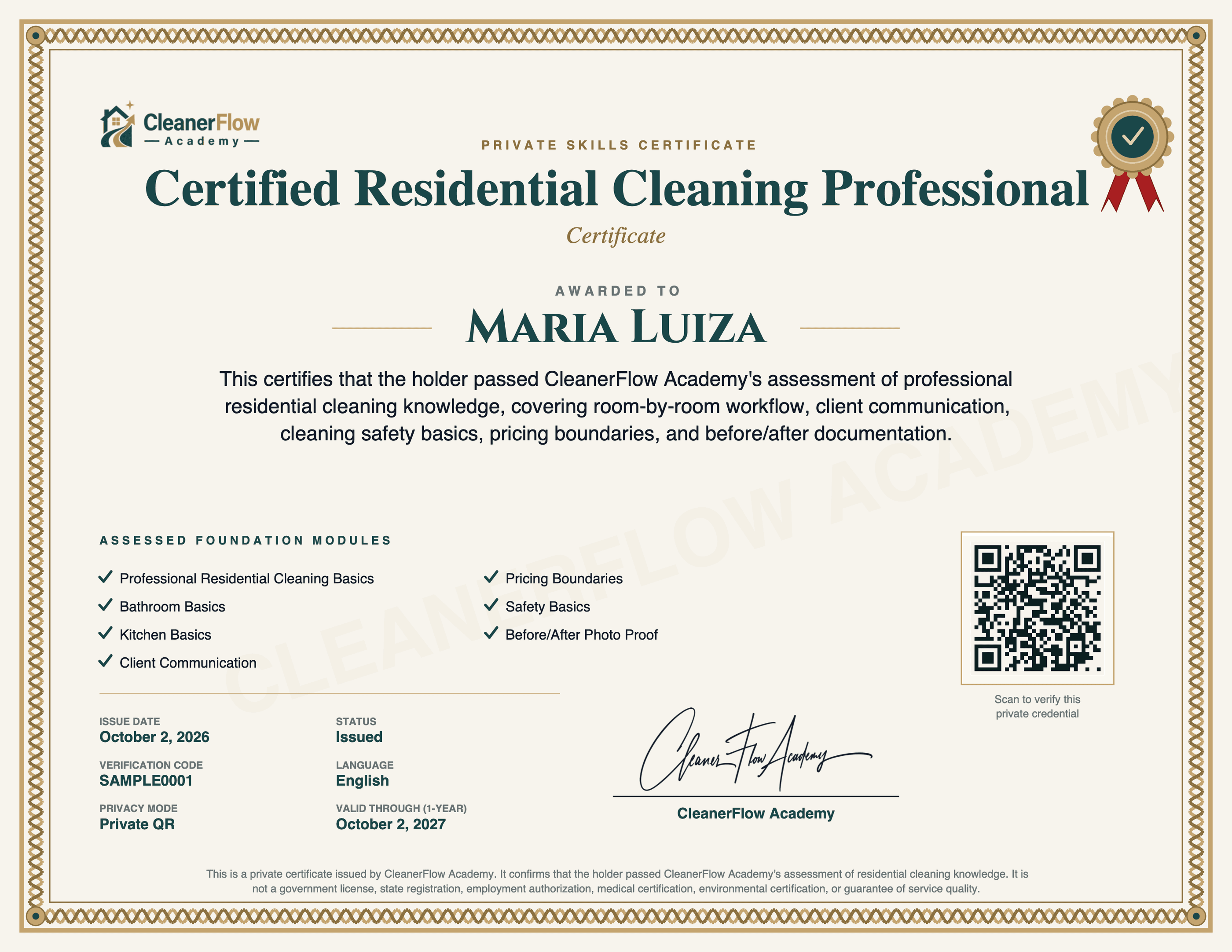 Exemplo do certificado da CleanerFlow Academy