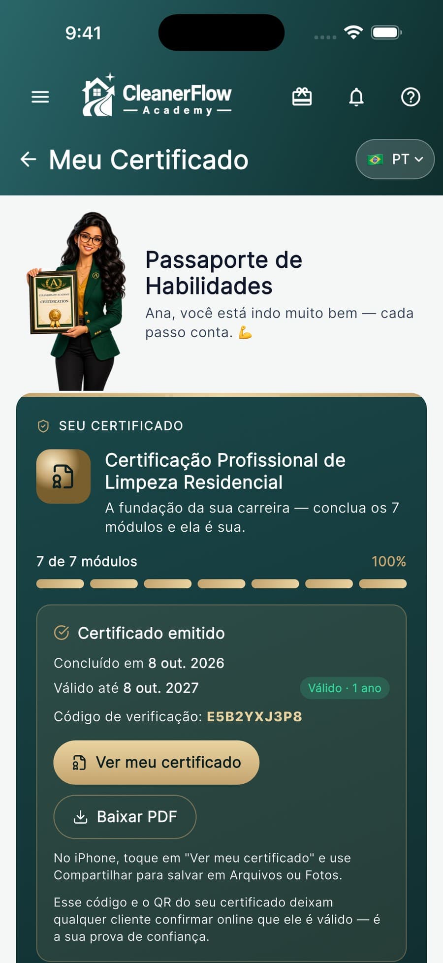 Seu nome, e um QR que o cliente confere na hora.