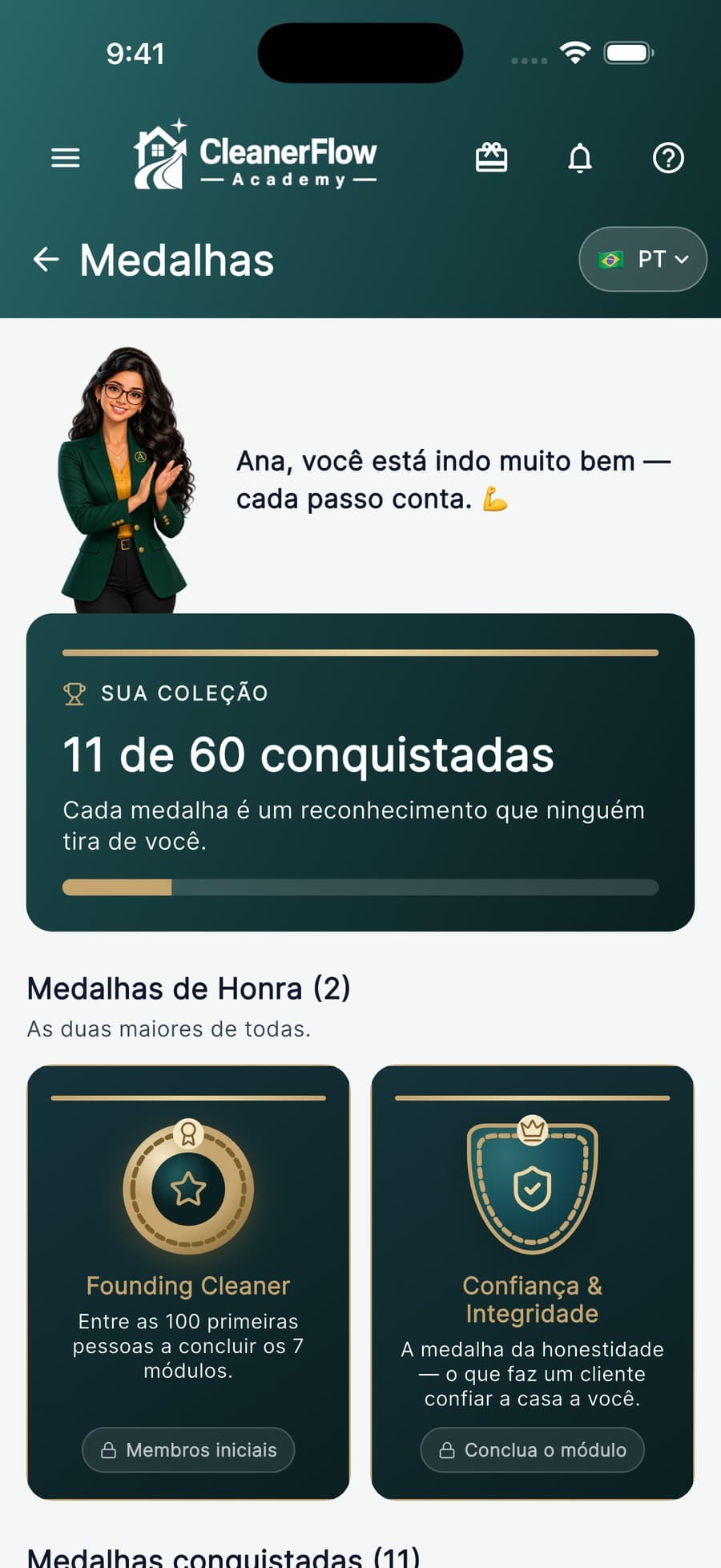 Cada especialidade que você domina vira uma medalha.