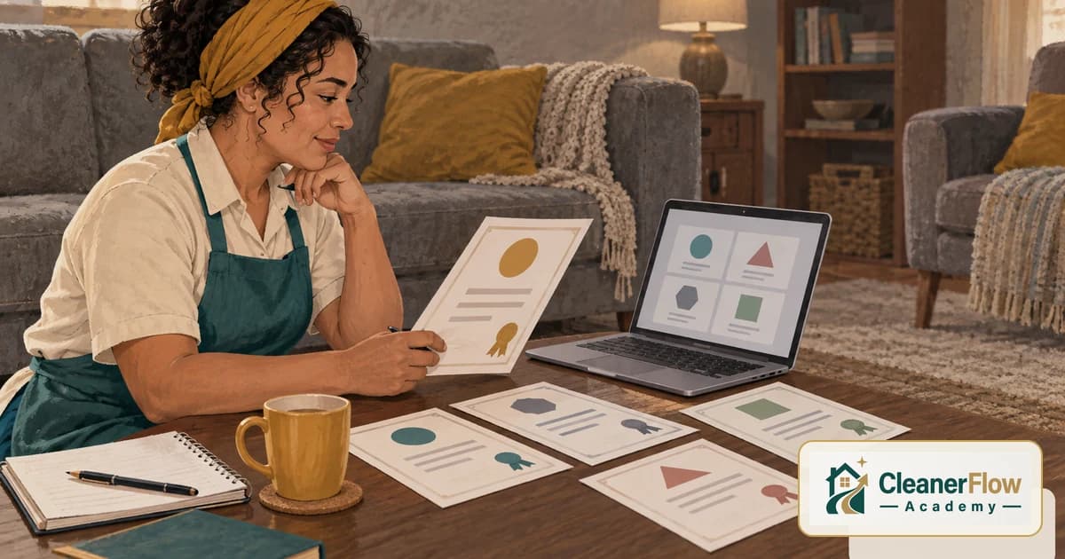 A cleaner compares several certificates spread across a coffee table, holding one while a laptop shows more options.