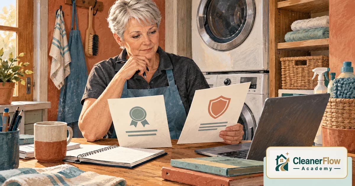 A cleaner in a laundry room compares two papers, one with a certificate ribbon and one with a shield, beside a laptop and notebook.