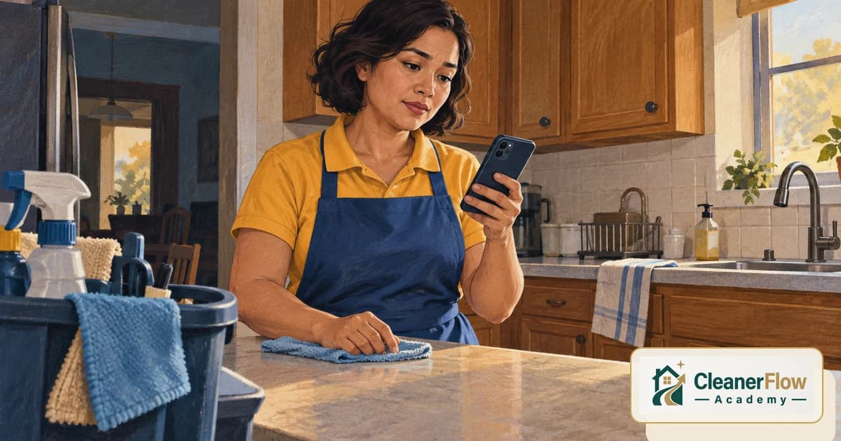 A cleaner in an apron pauses while wiping a kitchen counter to read a message on her phone, looking concerned.
