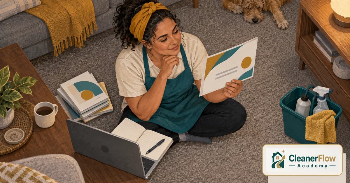 A cleaner sits on a living room rug admiring a certificate, with a laptop, notebook and a caddy of supplies around her and a dog behind.