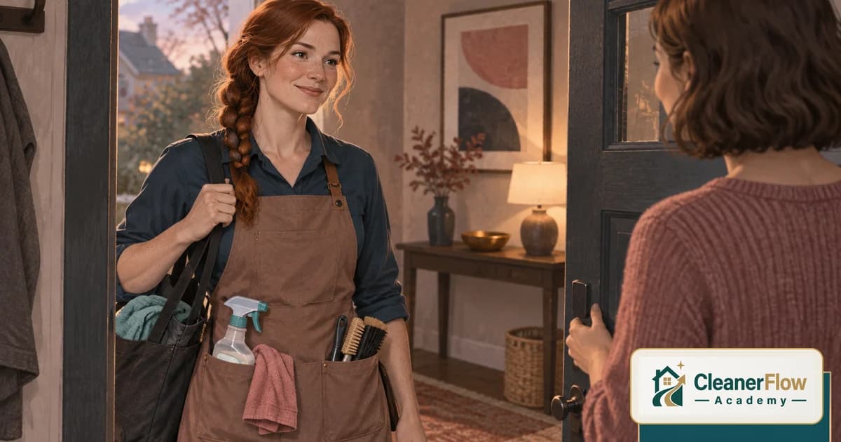 A smiling cleaner in a tidy apron with supplies in its pockets waits at the front door as the client opens it to greet her.