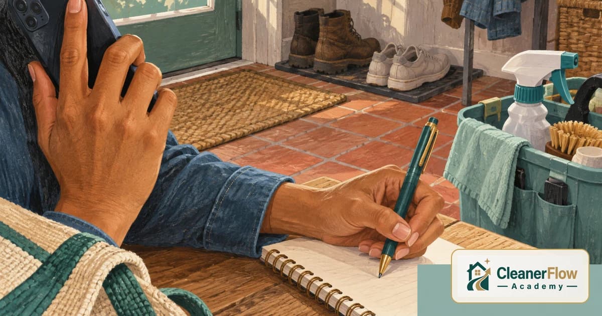 A cleaner holds a phone to her ear and writes notes in a notebook at a table near the entryway, a caddy of supplies beside her.
