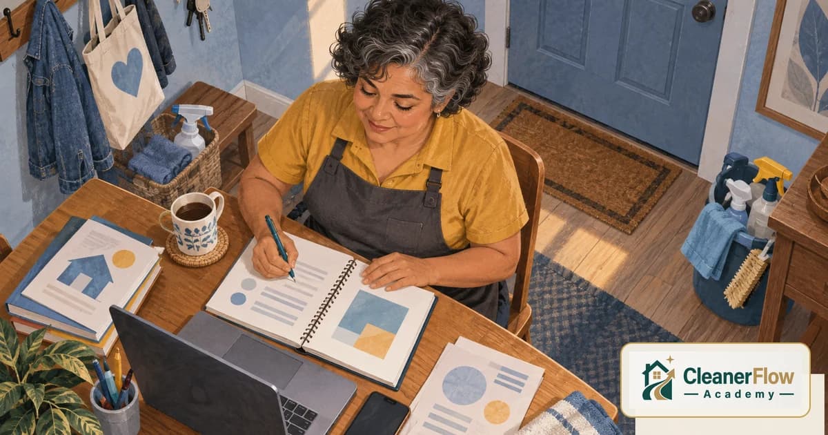 Faxineira faz anotações num caderno à mesa, com notebook, folhas impressas e uma xícara de café ao lado.
