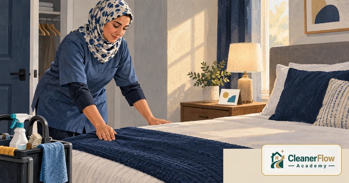A house cleaner carefully smooths a navy blanket over a made bed, with her supply caddy at the foot of the bed.