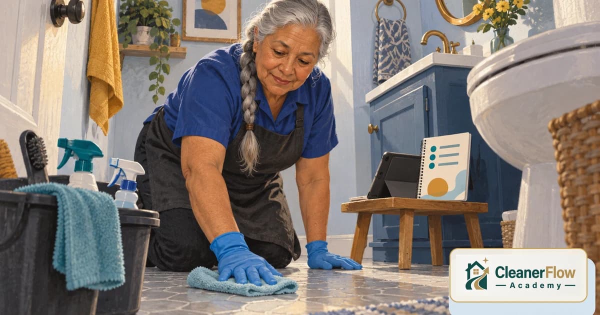 A cleaner in blue gloves kneels to wipe a bathroom floor with a cloth, a supply caddy and notebook nearby.
