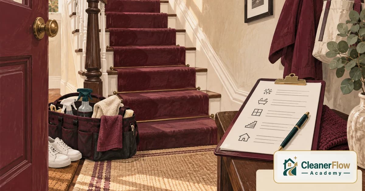 Una tabla con baños, ventanas, escaleras y la casa entera en la lista, sobre la mesa del recibidor junto a la bolsa de productos.