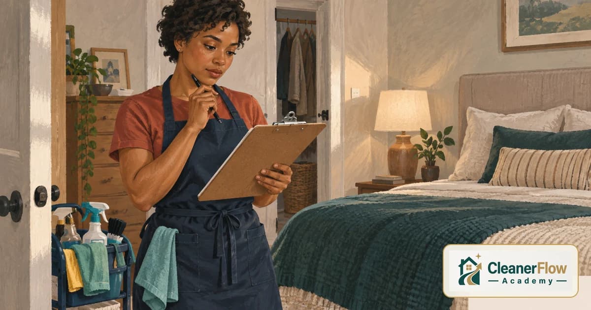 A cleaner with a clipboard and pen studies a bedroom from the doorway, sizing up the job before giving a price.
