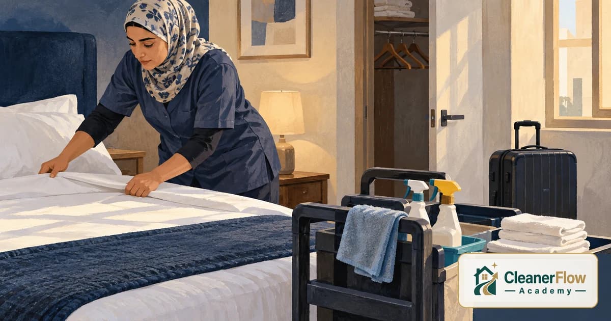 Una limpiadora estira las sábanas blancas de la cama junto a su carrito con toallas dobladas y una maleta cerca de la puerta.