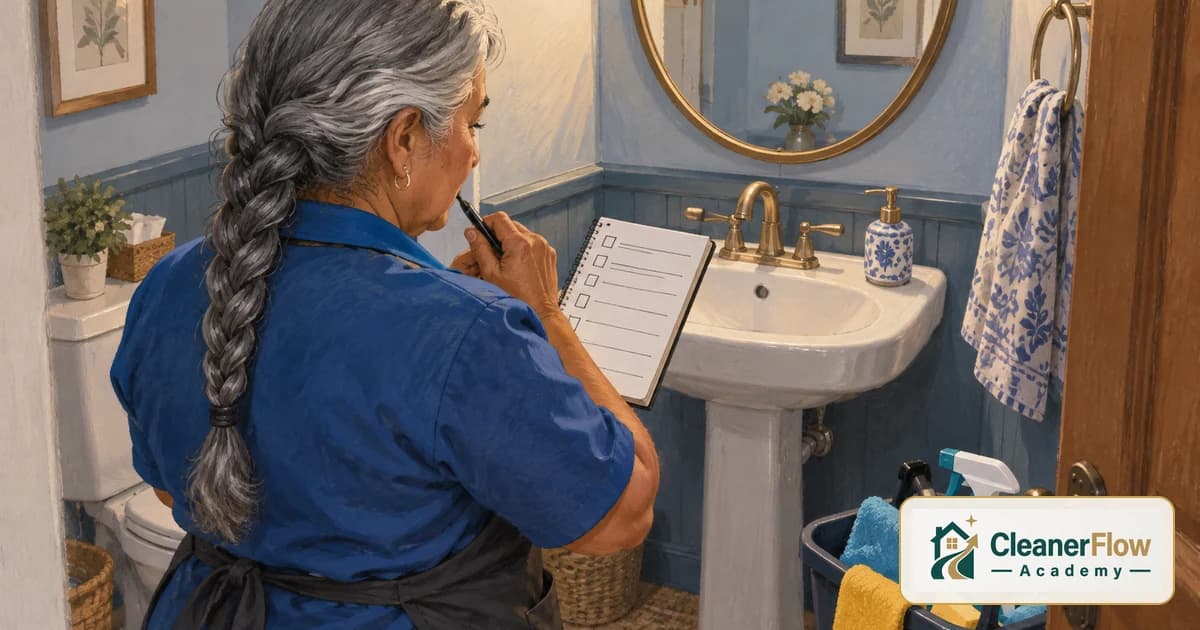 A cleaner reviews a checklist with a pen in a small bathroom with a pedestal sink, thinking about raising her cleaning rate.