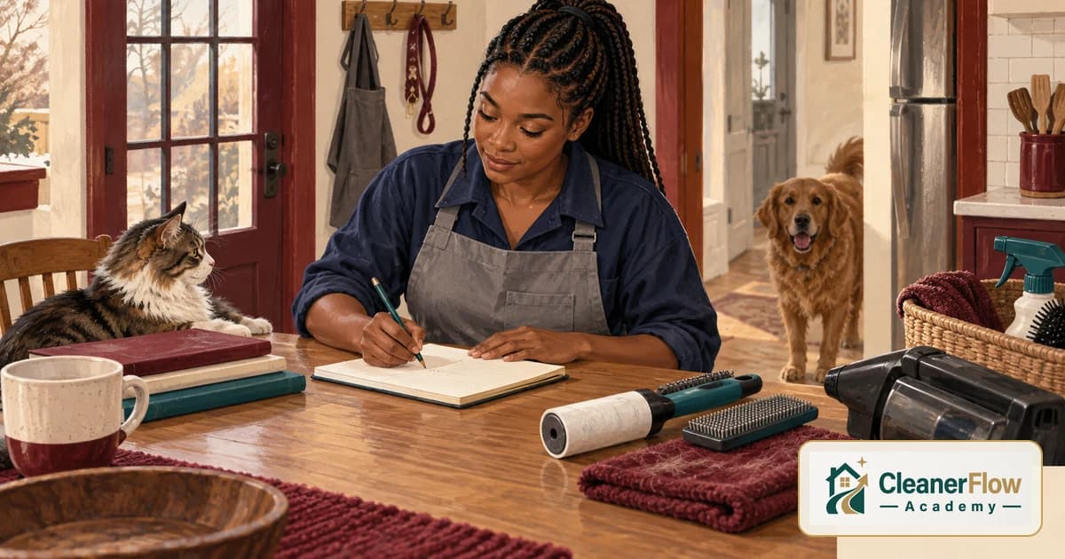 Una limpiadora escribe en una libreta en la mesa de la cocina junto a un rodillo quitapelusa, cepillo y aspiradora de mano, con gato y perro cerca.