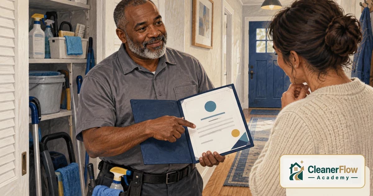 Un profesional de limpieza abre una carpeta y señala su certificado mientras la nueva clienta lo mira, en el pasillo de la casa.