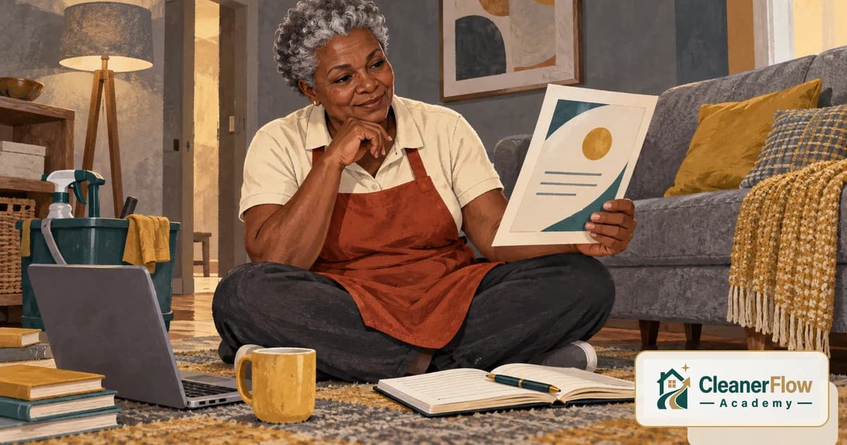 A cleaner sits on a living room rug thoughtfully looking at her certificate, with a laptop, open notebook and mug around her.