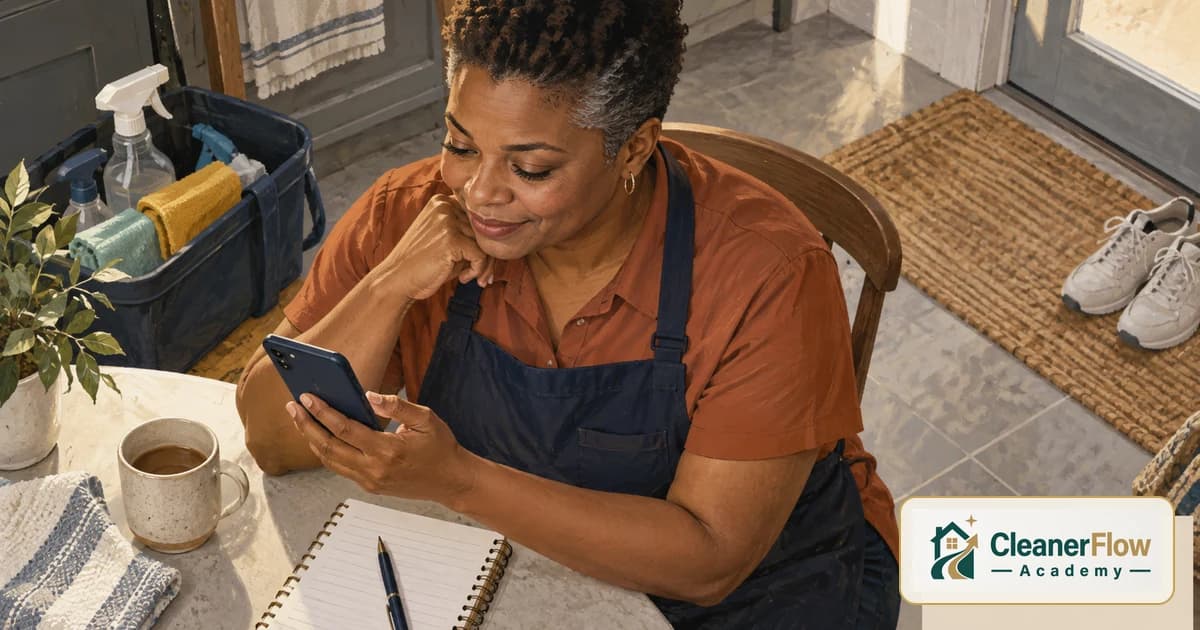 A cleaner smiles while scrolling on her phone at a table with coffee and a notebook, her caddy of supplies behind her.