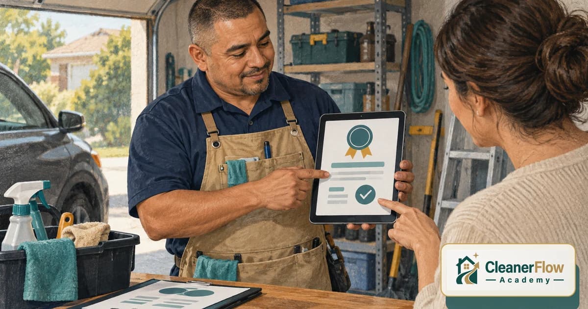 Un profesional de limpieza le muestra a la clienta una tableta con el certificado y una palomita, mientras ella señala la pantalla en la cochera.