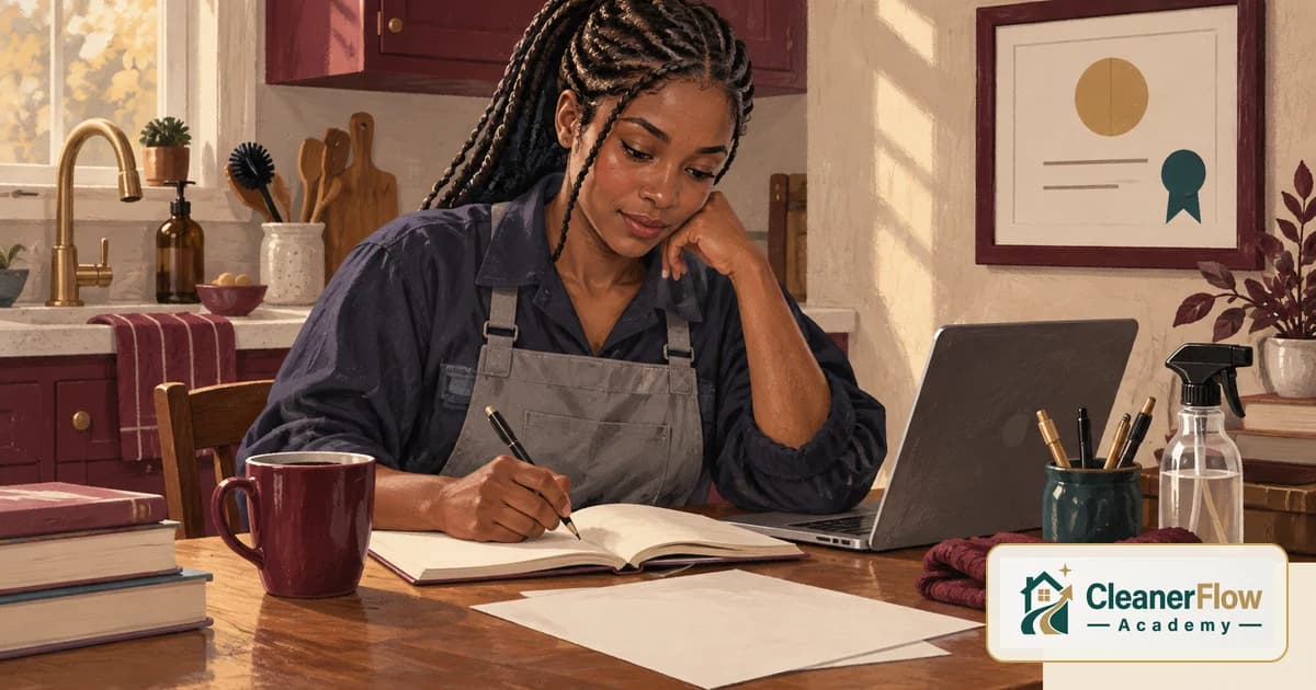 Faxineira escreve num caderno na mesa da cozinha com o notebook aberto e um certificado emoldurado na parede atrás dela.