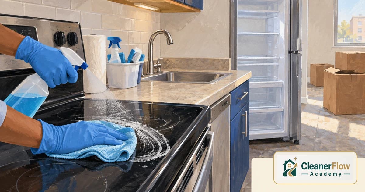 Manos con guantes rocían y limpian la estufa de vidrio en una cocina vacía, con el refri abierto y cajas de mudanza al fondo.