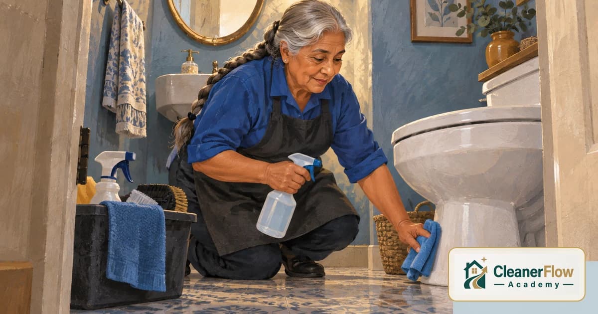 Uma faxineira ajoelhada no piso do banheiro, com o borrifador na mão, limpa a base do vaso com um pano azul ao lado do balde de produtos.