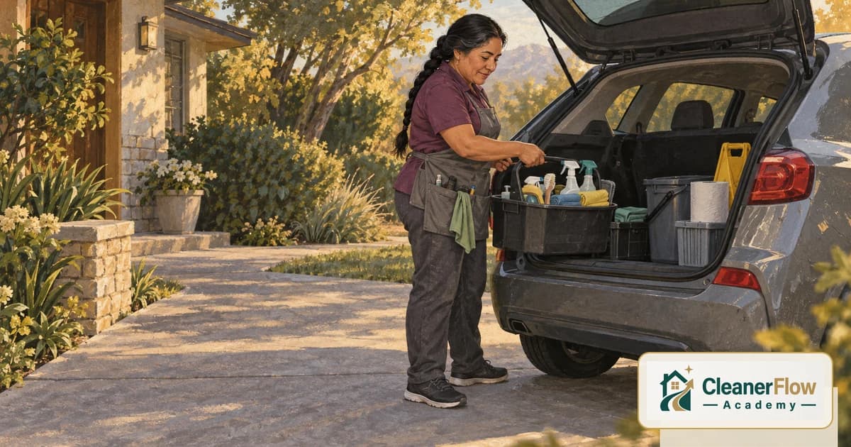 A cleaner lifts a caddy of sprays, towels and supplies from the trunk of an SUV parked in a sunny driveway before heading to a job.