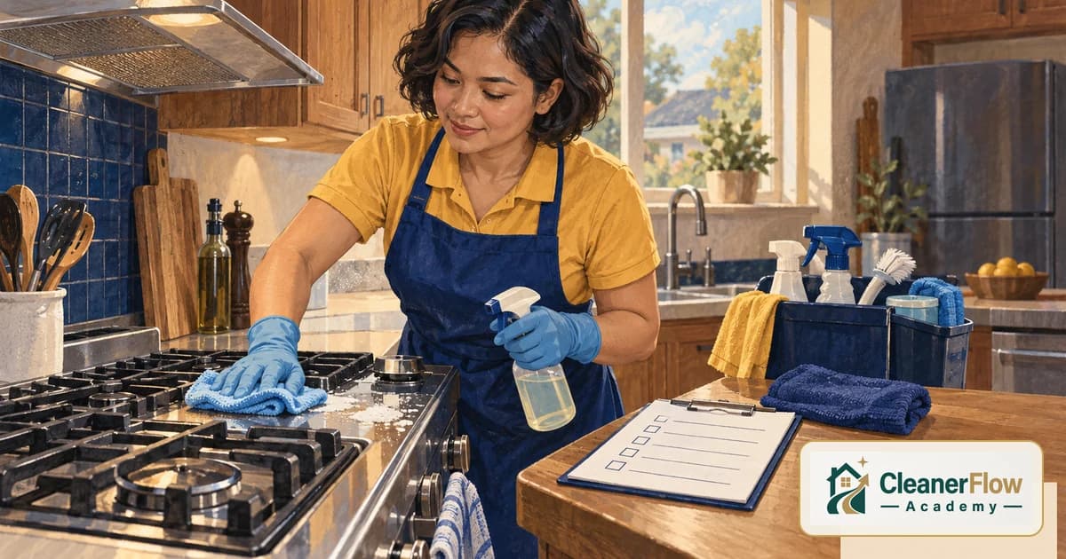 Una limpiadora con guantes azules limpia la estufa de gas en una cocina iluminada, con su cubeta y una lista de pendientes en la tabla.