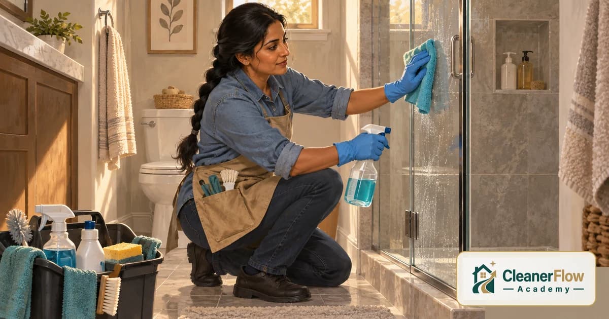 A cleaner in gloves sprays and wipes a glass shower door, with a bin of sprays, sponges, brushes and cloths on the bathroom floor.