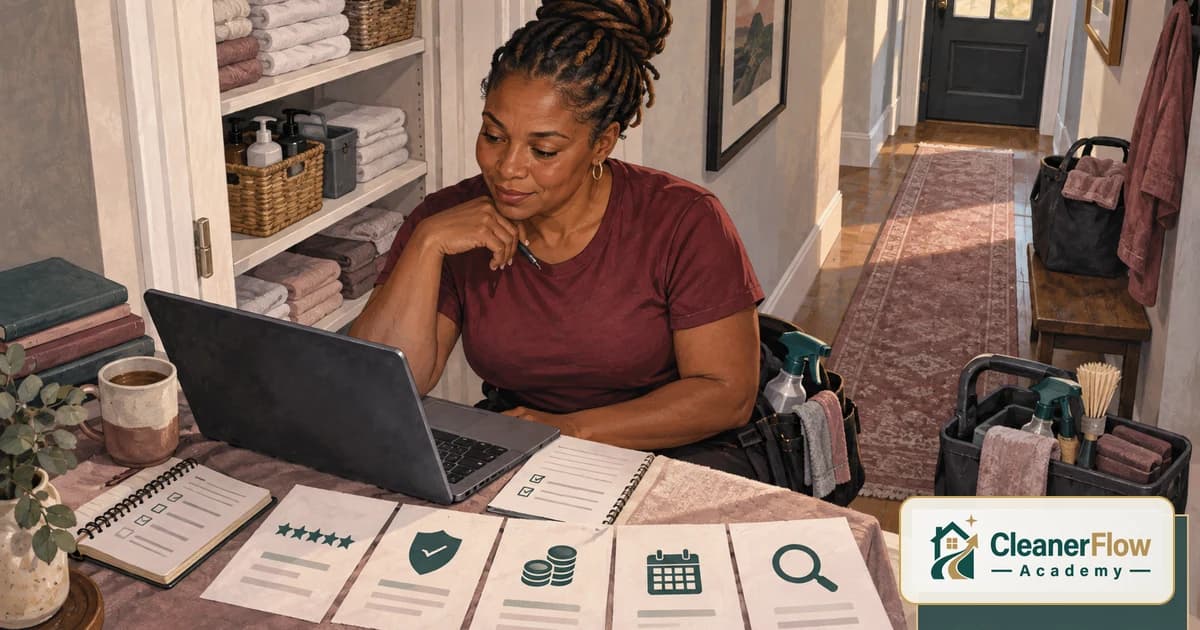 Una limpiadora revisa su laptop en una mesa con tarjetas de reseñas, seguro, precios, calendario y búsqueda, lo que el cliente revisa.