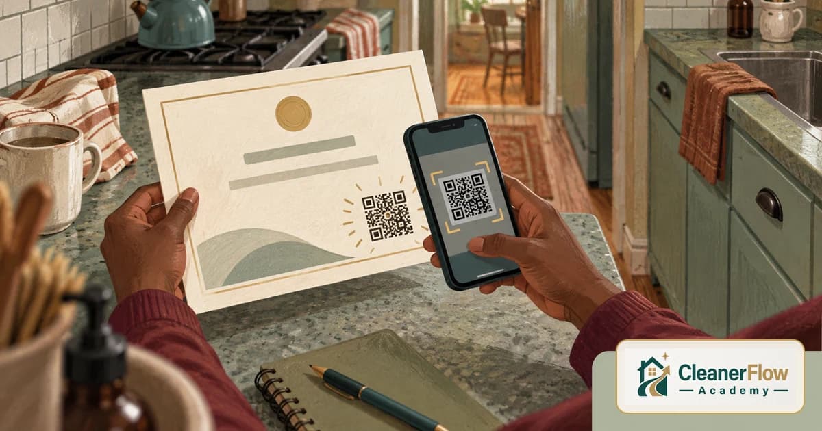 Hands hold a certificate with a QR code in a kitchen while a phone camera scans the code to check that it is real.