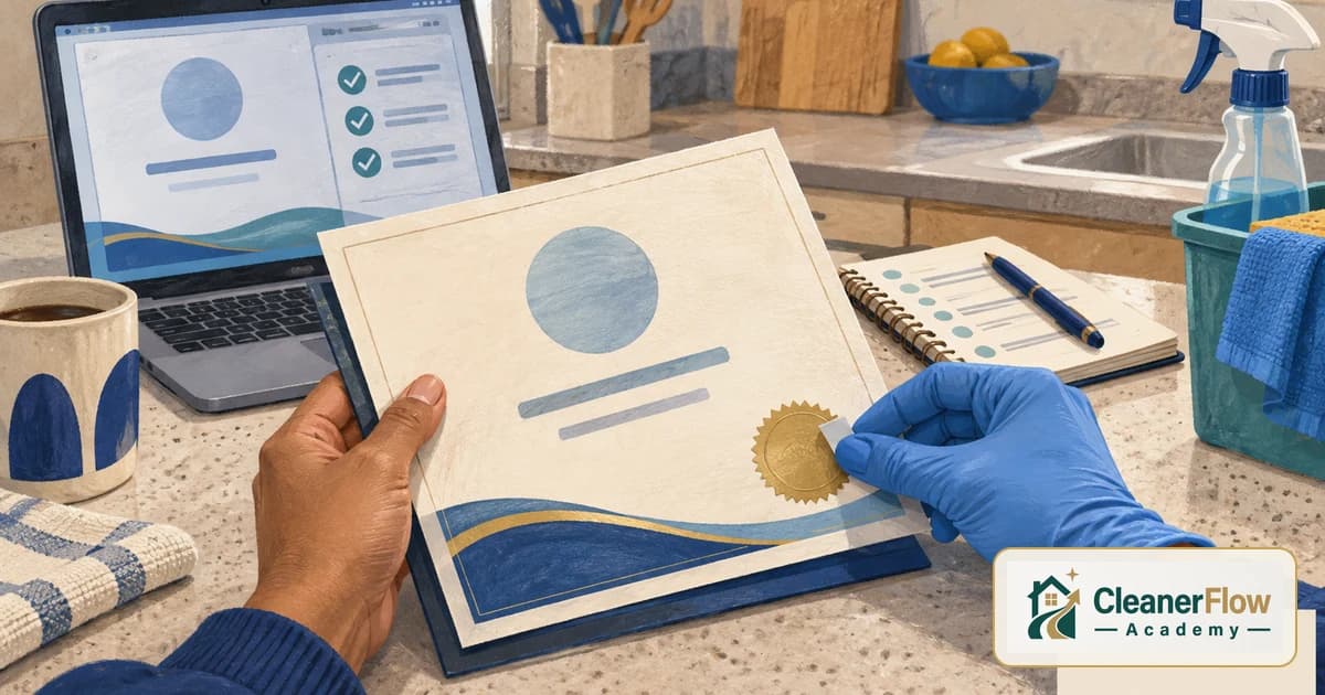 Hands in a blue glove place a gold seal on a certificate at a kitchen counter, with a laptop showing checked items and a notebook nearby.