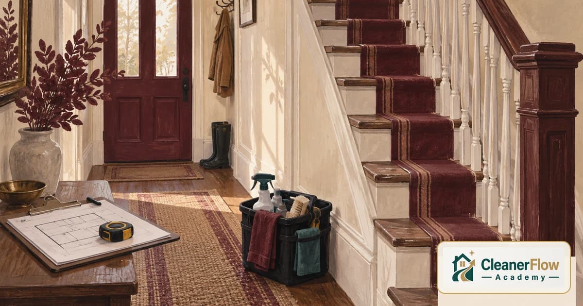 Hall de entrada com escada, balde de produtos de limpeza, trena e planta da casa na prancheta, prontos para calcular o orçamento.