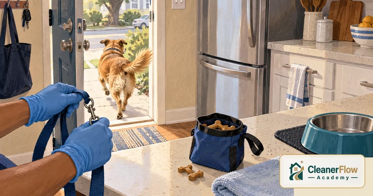 Gloved hands hold a leash as a dog runs out the open front door, with a treat pouch and water bowl on the kitchen counter.