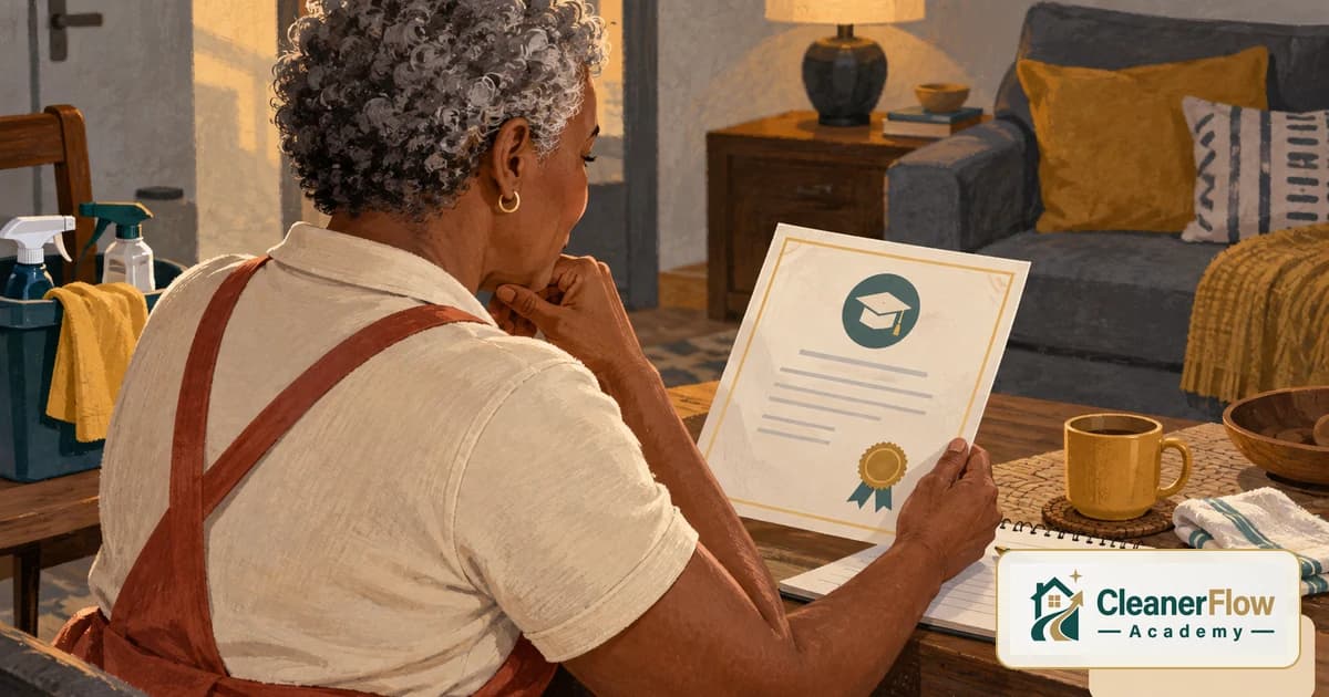 De avental, a pessoa da limpeza lê na mesa da sala um certificado com selo de fita, ao lado de uma xícara de café e de um caderno.