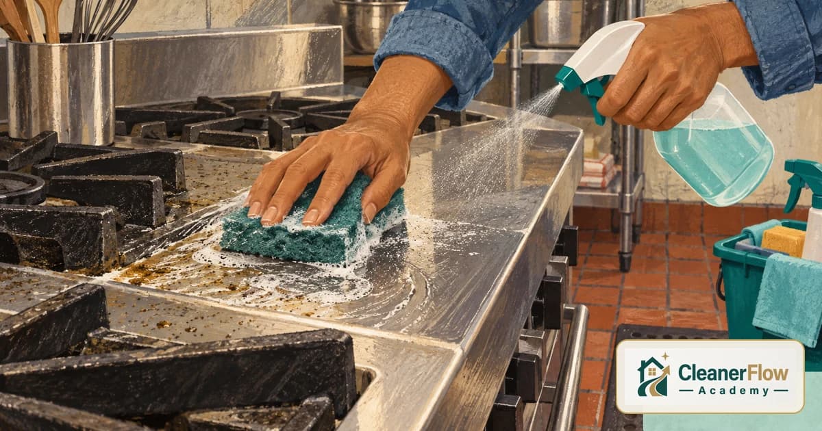 Profissional de limpeza esfrega com esponja e espuma o fogão de inox engordurado enquanto borrifa desengordurante, com o balde de produtos ao lado.