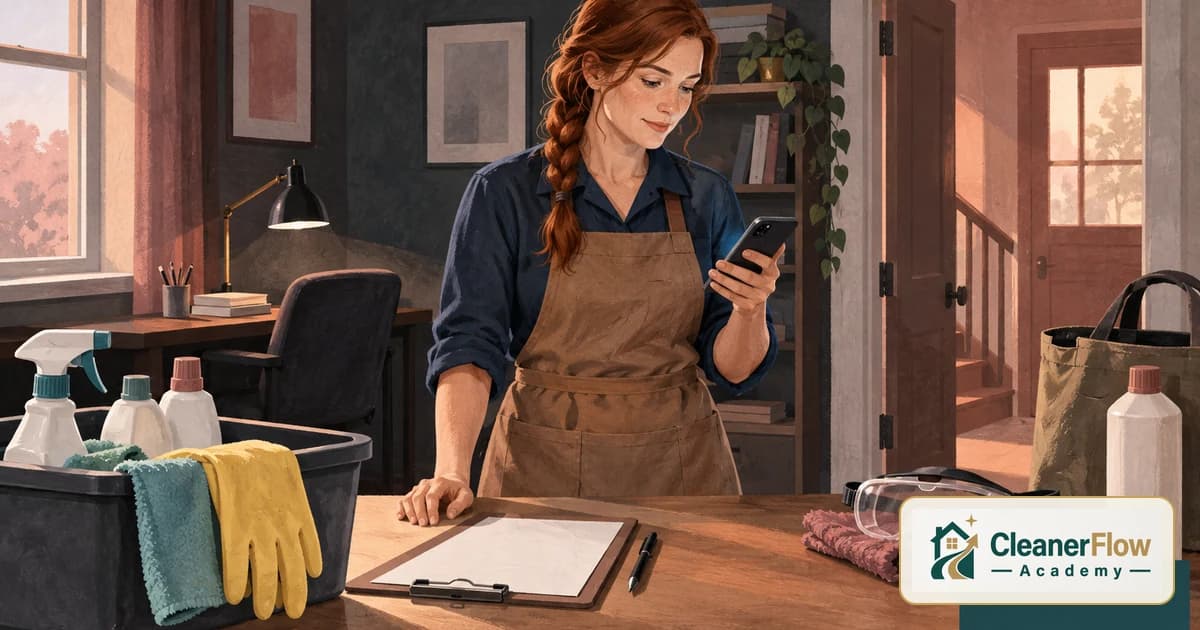 De avental, a pessoa da limpeza confere o celular antes de começar a faxina sem companhia, com prancheta, luvas e óculos de proteção na mesa.